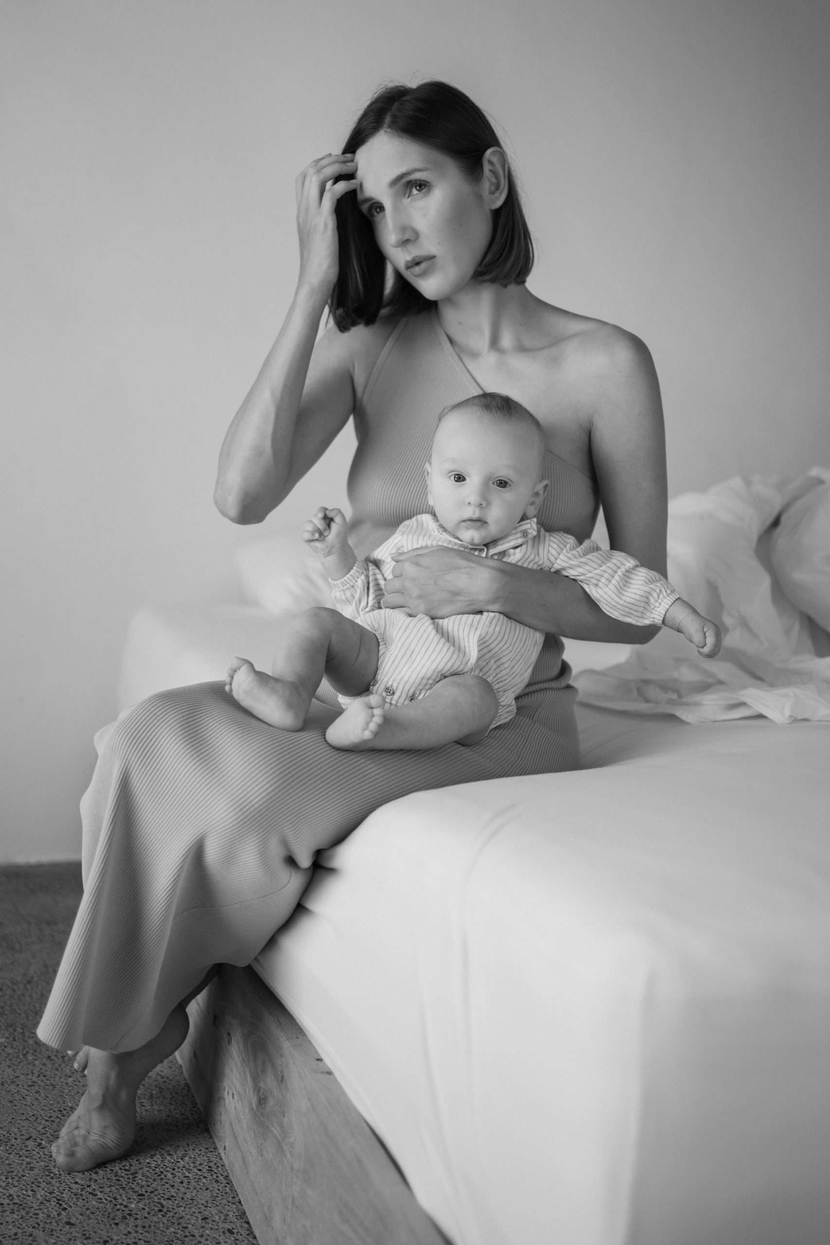 Mother with baby in black and white